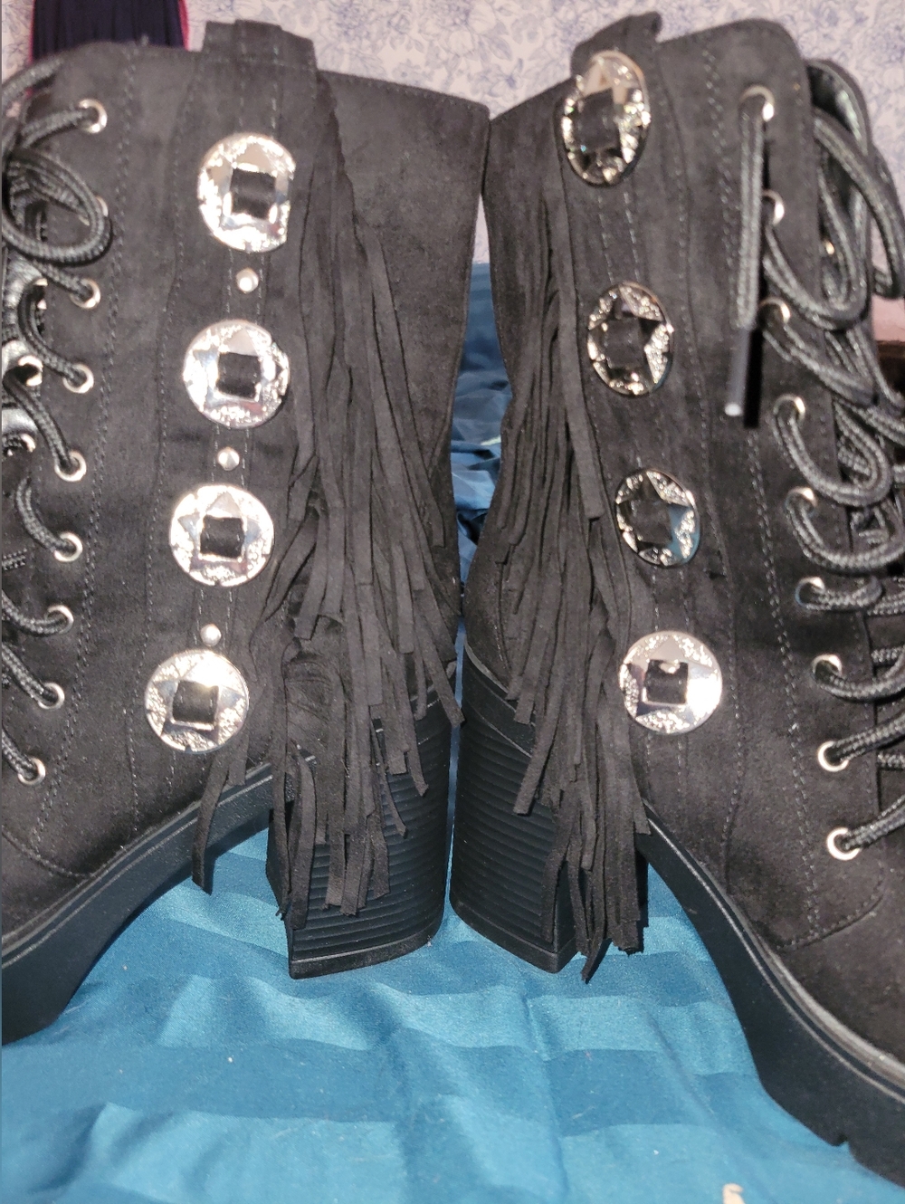 Cape Robbin Black Fringe Lace-Up Block Heel Ankle Boots